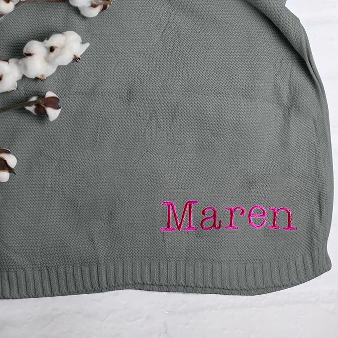 Embroidered Baby Blanket, Custom Name Blanket for Toddler, Personalized Knit Blankets for Baby, Stroller Blanket 30x40 cm (Cotton, Grey)