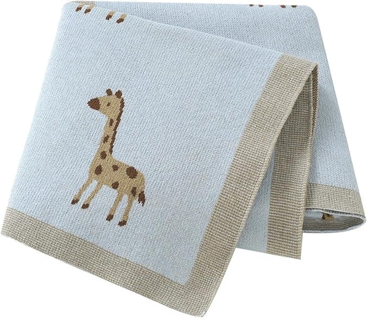 Opewod Soft Cotton Knit Baby Blanket with Cute Deer Print 40x30in Newborn Receiving Blanket Swaddle Cuddle Blanket for Crib, Stroller, or Nursery for Infants & Toddlers Light Blue