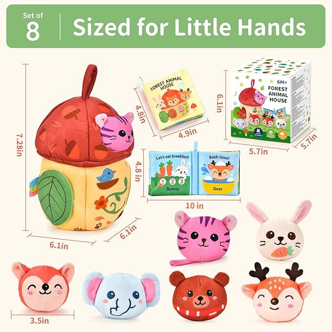 Montessori Toys for 1 Year Old & 6–12 Months Babies, Sensory Developmental Playset with Acorn House, Plush Animals & Cloth Book, Valentines Day Gifts, Easter Basket Stuffers