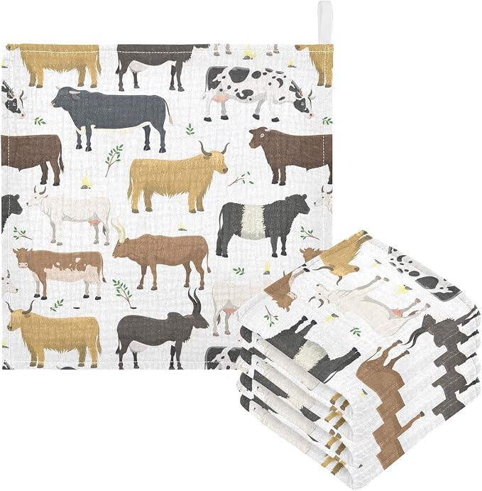 Baby Washcloths Cotton Bulls Cows Cattle Baby Muslin Washcloths Soft Baby Face Towel for Newborn Infants Baby Wipes, 11.8 X 11.8 Inch, 5 Pack White