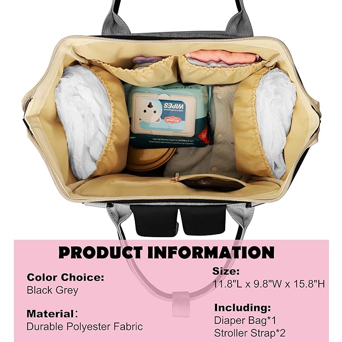 Femuar Diaper Bag Backpack Multifunction Maternity Nappy Baby Bag for Girls & Boys Large Capacity Travel Diaper Bags Black Gray