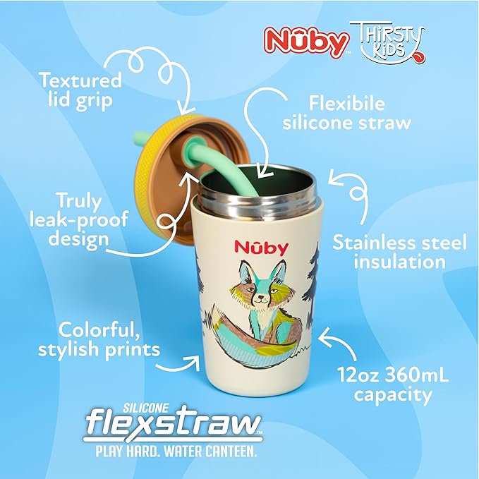 Nuby Thirsty Kids Insulated Toddler Cup with Silicone Flexstraw - 12 oz - Stainless Steel and Leak-Resistant - 18+ Months - Fox