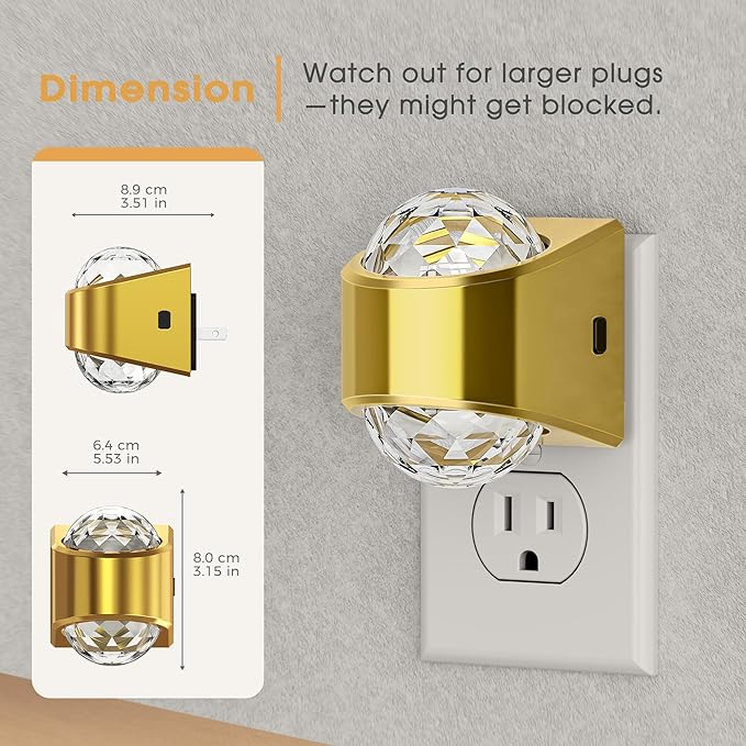 Briignite Night Light, Gold Night Lights Plug into Wall 2 Pack, LED Projector Night Light, Soft White for Bedroom, Dimmable Brightness Dusk to Dawn Nightlight for Bathroom, Gaming Room, Home Decor