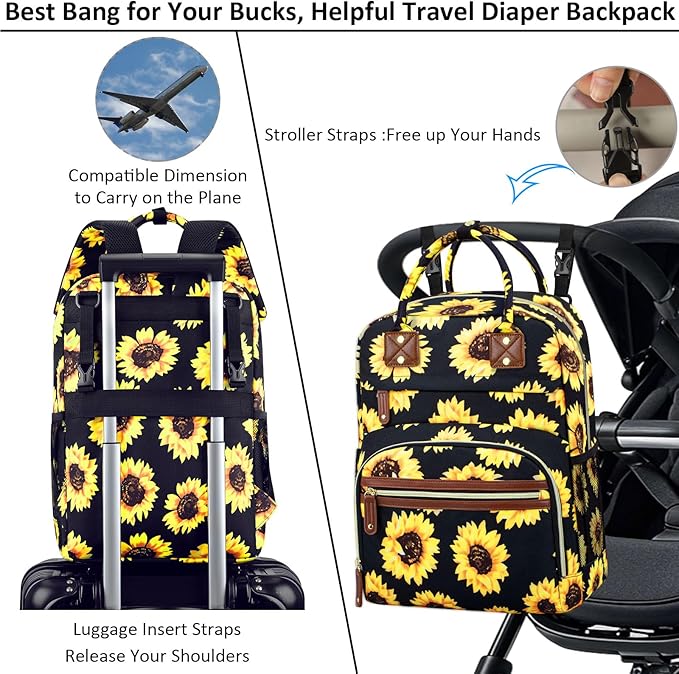 Tenot Diaper Bag Backpack Tote for Women Large Capacity, Baby Bag with Insulated Pockets Multifunctional Diaper Bags For Baby Girl Boy Waterproof Baby Bags For Boys Girls Mama Maternity Bag Sunflower