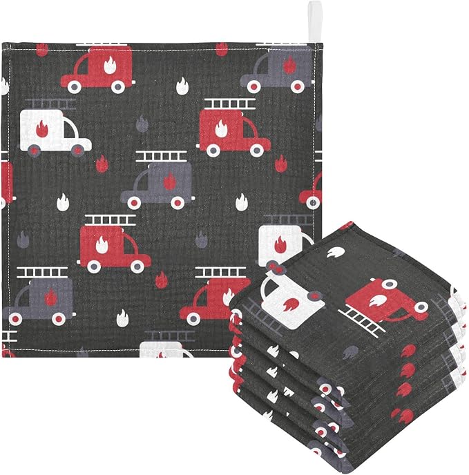 vvfelixl Baby Muslin Washcloths, Firefighters Fire Trucks Baby Burp Cloths, Cotton Baby Face Towel for Newborn Infants Boys Girls Soft and Absorbent 11.8 X 11.8 in, 3 Pack Black