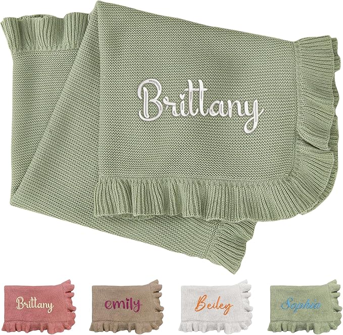 Embroidery Name Knit Baby Blanket, 30x40in Personalized Baby Blanket for Newborn Girl and Boy, Custom Knit Baby Boy Blanket with Embroidery, Newborn Boy Girl Soft Cotton Knit Blanket (Green)