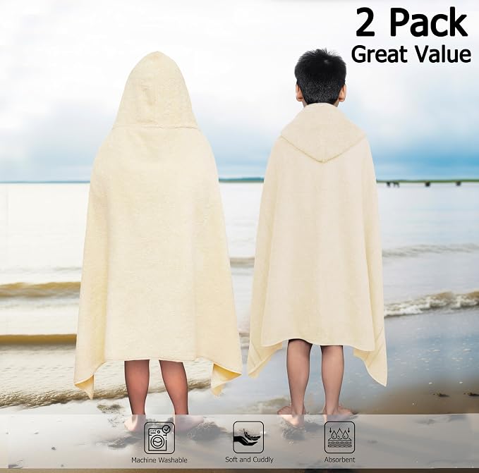 ORIGINAL KIDS Hooded Bath Towel Wrap - 2 Pack - Ultra Soft 100% Cotton Terry Large Oversized Hooded Kids Towel - Shower Pool Beach - 579 GSM Absorbent Quick Dry Plush Gift - 30 x 54 - Ivory