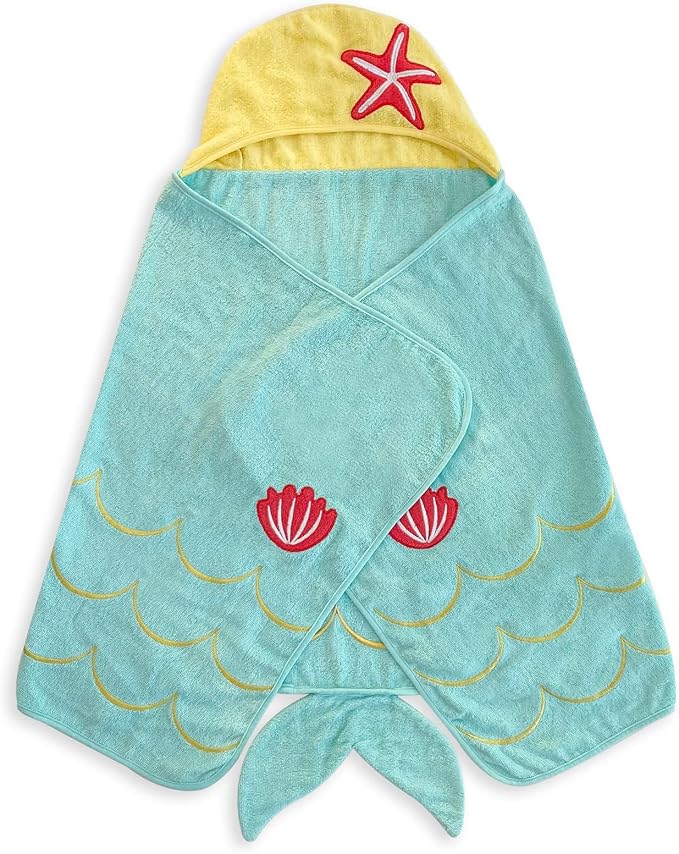 Style Quarters Premium 100% Cotton Terry Kids Beach Towel with Mermaid Embroidery - Hooded Bath Towel for Toddlers, Cyan 50"x24"