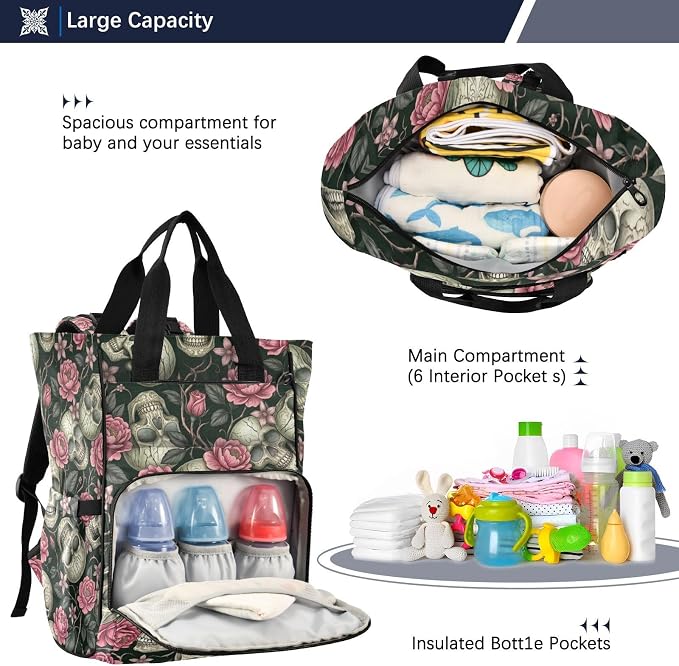 Green Skull Rose Diaper Bag – Travel Large Capacity for Mom Dad
