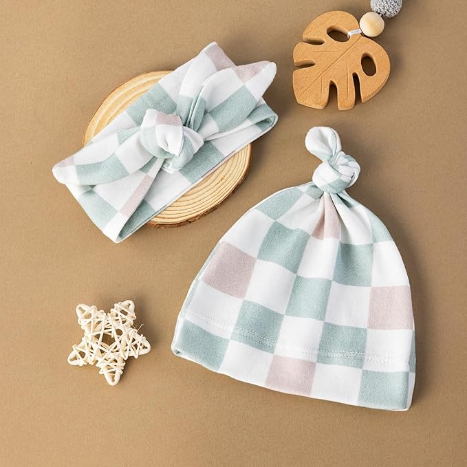 BabyWhale Muslin Swaddle Blanket with Hat and Headband Bow, Checkered Print Swaddle Set for Baby Boys ï¼?Girls, Unisex Soft Receiving Blanket Wrap, Green Grey Checkered, 47x47 inches