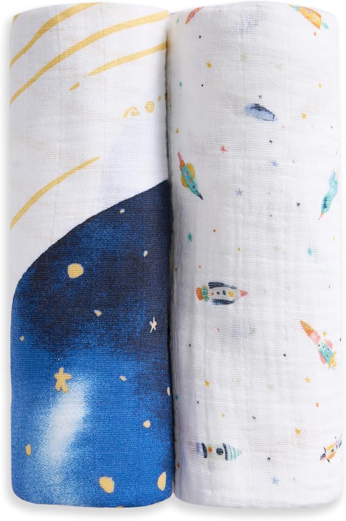 aden + anais 100% Organic Cotton Muslin Swaddles, Breathable Baby Blanket, Ideal for Boys, Girls, Newborns, Babies & Infants, Receiving Blanket, Soft and Lightweight Wrap, 2 Pack, Space Orbit