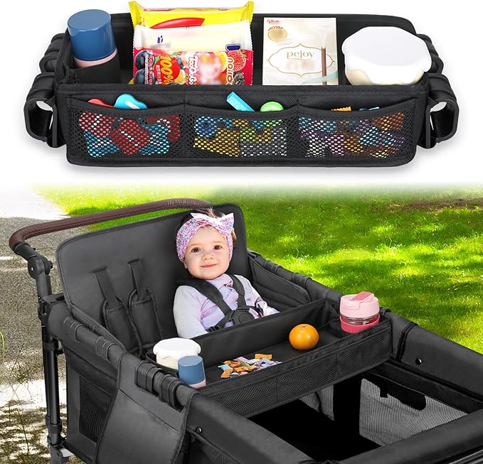 AROUY Stroller Snack Tray Attachment - Easy to Clean Universal Stroller Snack Tray for Wonderfold Wagon W4 Accessories with Cup Holder (L (W4 Model))