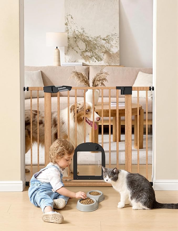 Babelio CatPrivilege ??Baby Gate with Cat Door, 29"-43" Adjustable Brown Wood Pattern Pet Door, 30" Tall Pressure Mounted Safety Gate for Stairs & Doorways, Auto Close,Wall Protectors Included