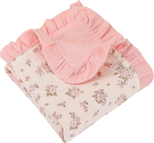 Muslin Toddler Blanket 43"x43" - 100% Cotton Super Soft Crib Blanket for Baby, Infant, Toddler & Baby Girl,Lightweight Nursing Cover & Breathable Stroller Blanket,Floral Design (Pink)
