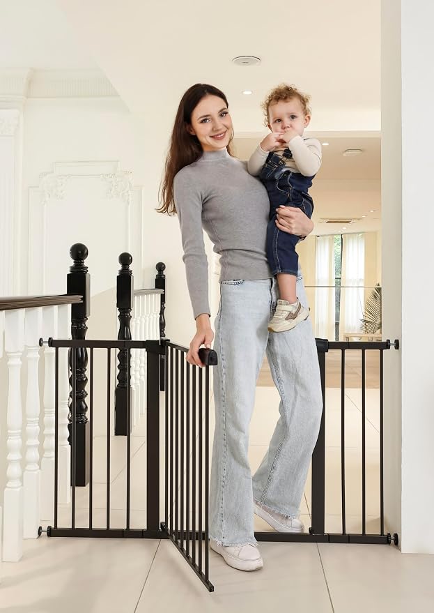 53.46"-55.63" Baby and Pet Safety Gate, 30" Tall Metal Walk-Thru Gate for Doorways & Stairs, Easy One-Hand Open, Dual Lock, Extensions & Wall Mounts Included (Brown, 29"-54" W x 30.5“H)
