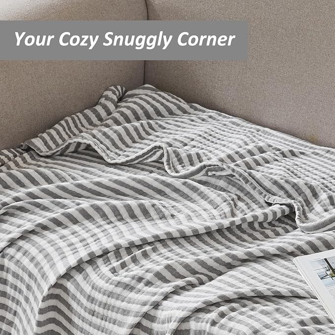 EMME Cotton Muslin King Blanket Bed Layering Bedspread Coverlet Breathable Gauze Soft Lightweight (Striped Grey, 108"x90")