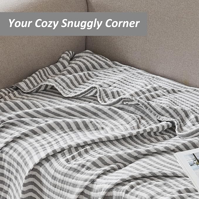 EMME Cotton Muslin Large Throw Blanket Couch 4-Layer Breathable Gauze Soft Lightweight Bed Blankets Adults (Striped Grey, 50"x71")