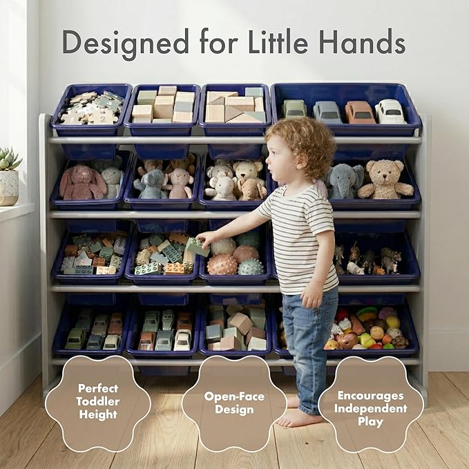 Humble Crew Supersized Toy Storage Organizer with 16 Removable Bins, Grey/Navy ??Large Toy Storage for Toddlers Ideal for Kids' Rooms, Playrooms, and Nurseries - Modern Toy Bins for Kids