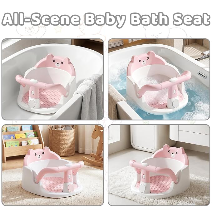 Baby Bath Seat for Babies 6 Months & Up, Non-Slip Toddler Bath Seat with Suction Cup, Baby Friendly and Comfortable Portable Infant Bathtub Chair Sitting Up for Bathroom (Pink)