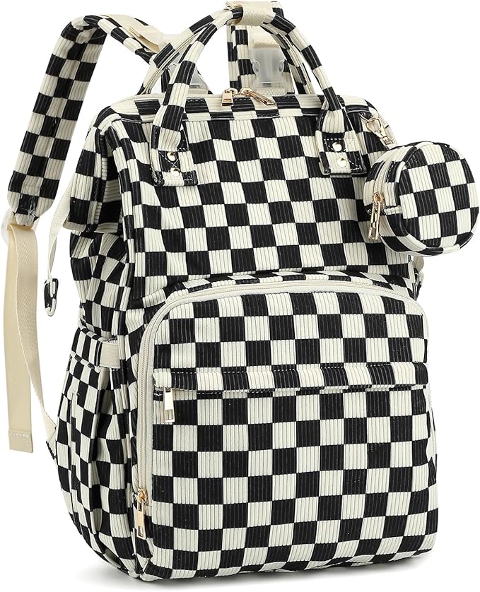 Corduroy Diaper Bag Backpack, Large Capacity Multifunction Baby Diaper Bags for Women, Insulated Bottle Pockets & Pacifier Case, Stylish Travel Nappy Changing Bags for Mom Dad (Checkered Black)