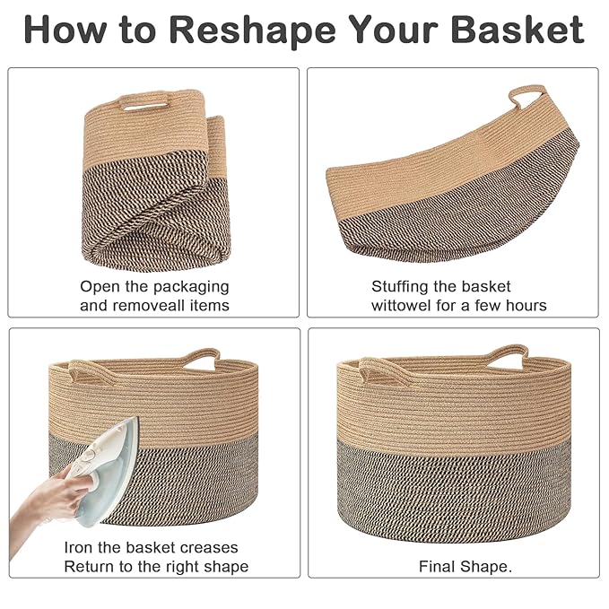 90L Extra Large Blanket Basket,Woven Laundry Basket Hamper with Handles, Decorative Nursery Basket Storage Bin for Toys, Clothes Organizer, Living Room, Bedroom, Bathroom, Black&Dark Grey