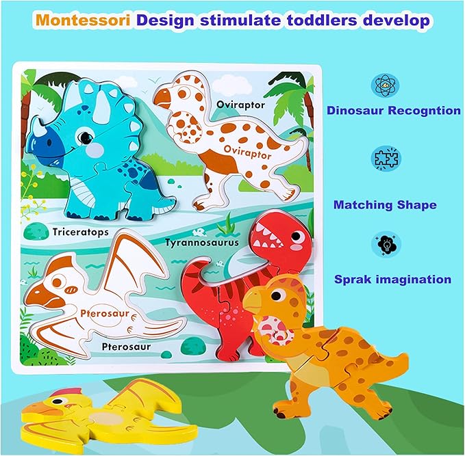 Wooden Educational Jumbo Base Jigsaw Puzzle 1-3 Montessori Dinosaur Toys for 2 3 Years Old Boy Girls Kids,Toddler Toys Ages 2-4,Preschool Wood Dino Learning Gifts for Boys