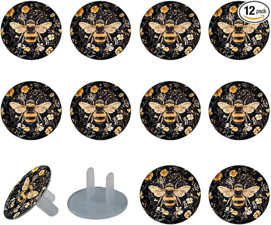 12 Packs Outlet Covers Baby Child Proofing, Bee Electrical Safety Outlet Covers, 2-Prong Insulation Plastic Socket Caps, Round Wall Plugs Plates