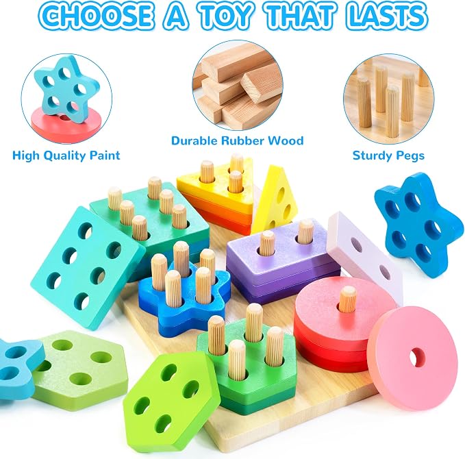 Shape Sorters for Toddlers 1-3 with 24-Piece Large Blocks & 12 Word Cards, Montessori Sensory Developmental Toy for Baby 12mo+, Wooden Stacking Puzzle Toy for 2-4 Year Old Kid Boy & Girl Birthday Gift