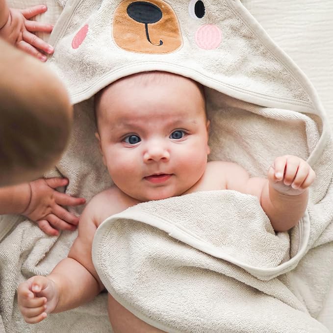 CuddleBug Hooded Baby Bath Towel & Washcloth Set (Bear) - 100% Cotton Terrycloth Hooded Baby Towels for Newborn & Toddler - Super-Soft & Absorbent, Newborn Essentials (33" x 33") - Honey Beige