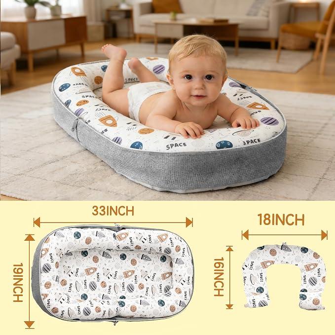 Tummy Time Mat, 2-in-1 Convertible to Backpack, Premium Memory Foam Baby Play Mat, Removable Machine Washable Cover, Foldable for Floor, Couch & Travel, Spaceship