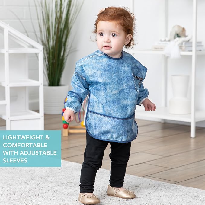 Bumkins Sleeved Bib for Girl or Boy, Baby and Toddler for 6-24 Mos, Essential Must Have for Eating, Feeding, Baby Led Weaning Supplies, Long Sleeve Mess Saving Food Catcher, Soft Fabric, Faux Denim