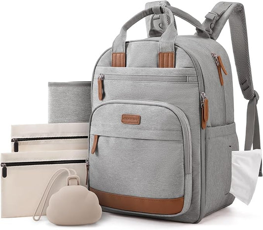 mommore Diaper Bag Backpack with Waterproof Changing Pad, Insulated Bottle Holders & Pacifier Case, Baby Diaper Bag with 2 Organizer Pouches, Stroller Straps, Light Gray