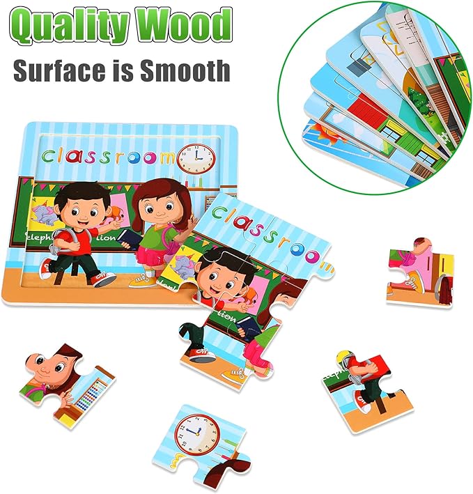 SANNIX 12 Pack Wooden Jigsaw Puzzles for Toddlers, Characters Puzzles for Kids Party Favors, Educational Puzzles Learning Travel Toy with 12 Organize Bags