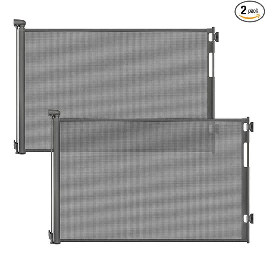 (2 Pack) Retractable Baby Gate for Stairs and Doorways, 55" Wide x 33" Tall Mesh Dog Gate for Indoor & Outdoor Use, Safety Gate for Babies and Pets, Child Gates for Hallways, Hardware Mounted, Gray