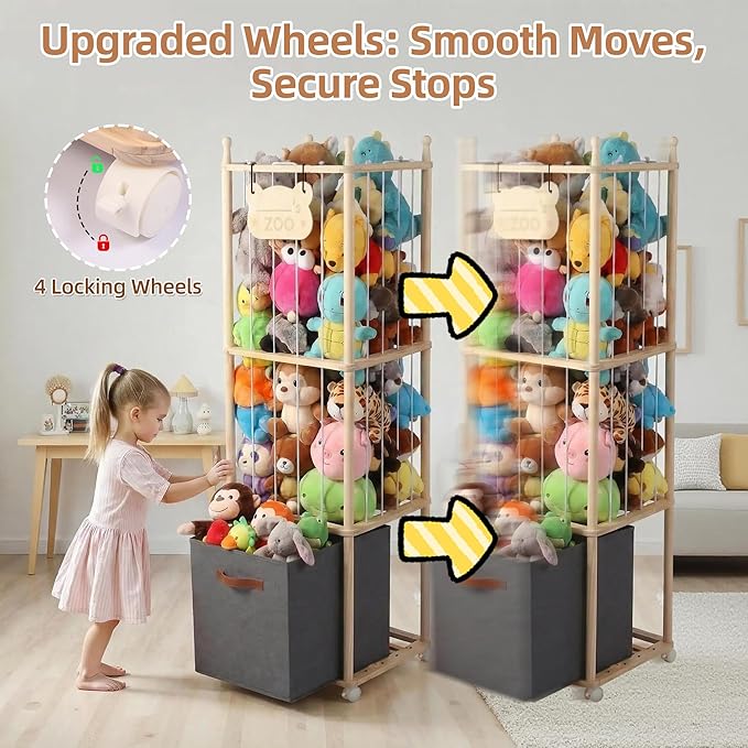 Stuffed Animal Storage Zoo Tower with 4 Brake Wheels & Bottom Storage Bin,Unpainted Natural Wood Large Plushies Storage Holder Organizer, Toy Storage for Playroom Bedroom Nursery