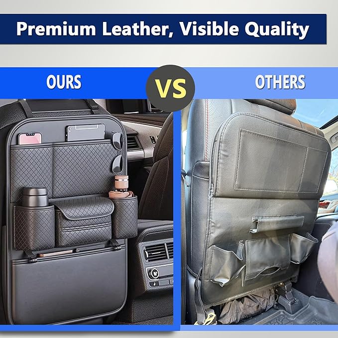 2-Pack Backseat Car Organizers with Hooks - Hanging Car Seat Back Organizers for Toys, Tablets, Books & Tissues - Hanging Car Back of Seat Storage Bags for Kids Toddlers, Black Leather Car Kick Mats