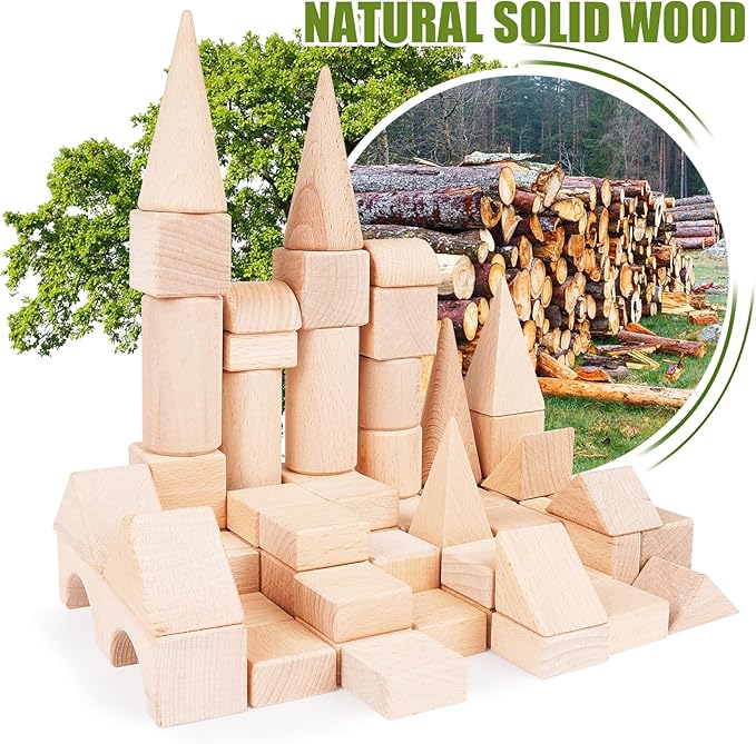 100Pcs Wooden Building Blocks Set- Wood Stacker Stacking Blocks Game Toys for Toddlers, Multiple Shapes, Toddles Blocks- Baby Wooden Blocks for Kids Learning and Playing