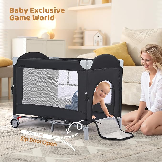 JOYMOR 5-in-1 Pack and Play with Bassinet and Changing Table, Lightweight Travel Crib, Foldable Baby Playard, Waterproof Changing Top, Carry Bag & Wheels