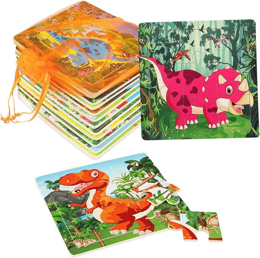 SANNIX 12 Pack Dinosaurs Animals Jigsaw Puzzles with 12 Organize Bags Wooden Dinosaurs Toddlers Puzzles for Kids Ages 3-6 Party Favors Educational Learning Travel Toys for Boys and Girls