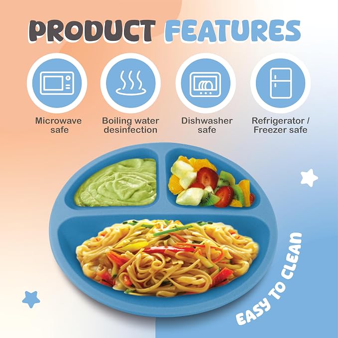 Silicone Baby Feeding Set - Infant Tableware for First Foods & Baby, Led Weaning (0+ Months), Easy to Clean, Durable, Perfect for Baby Boy or Girl, Solid Feeding - Blue - Standard