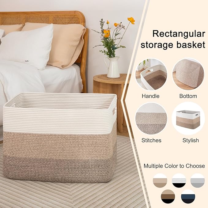 OIAHOMY 108L Large Cotton Rope Basket, Rectangle Woven Baskets for Storage, Nursery Blanket Storage Living Room, Toy Basket With Handle-25?�x16?�x16??Gradient Yellow