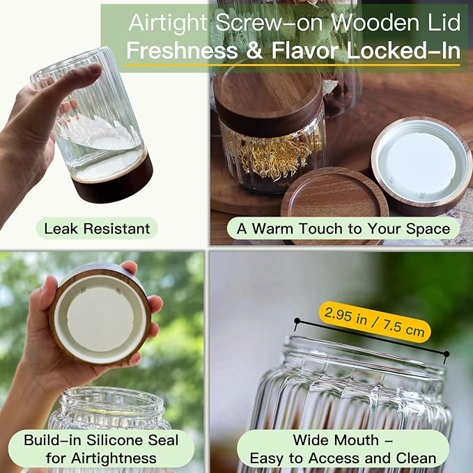 2-pack 40oz Borosilicate Glass Food Storage Jars with Airtight Screw Top Wooden Lids, Leak-Proof Decorative Kitchen & Pantry Canister for Coffee Sugar Cookie Oats Nuts Snacks Fermentation