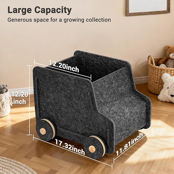 Toy Storage Box with Wheels, Soft Felt Toy Organizers and Storage for Kids, 17" x 12" x 12", 10 Gal, Multifunction Toy Chest for Living Room, Playroom, Nursery - Dark Gray