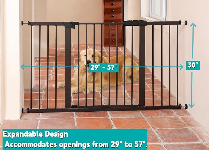55.98"-58.15" Baby and Pet Safety Gate, 30" Tall Metal Walk-Thru Gate for Doorways & Stairs, Easy One-Hand Open, Dual Lock, Extensions & Wall Mounts Included (Brown, 29"-57" W x 30.5“H)