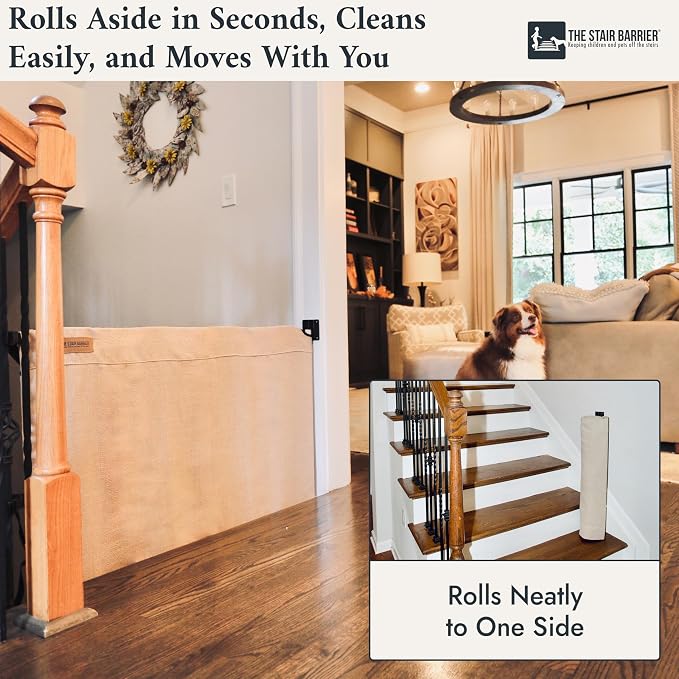 The Stair Barrier First Fabric Wall to Banister Baby Gate for Stairs 36”–43” Wide x 32” Tall – Dog Gate for Stairs, for Top or Bottom Staircase, Machine-Washable, Climb Proof, Designed in USA – Cream