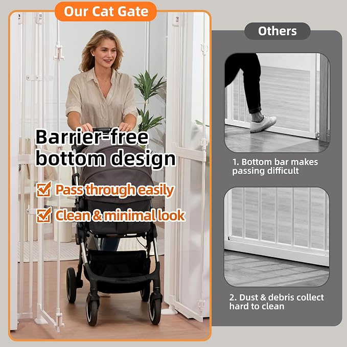 NiceTCU 74.80-98.43'' Extra Tall Cat Gate, Adjustable 33.86-37.40" Wide, Transparent Full Door Pet Gate, Auto Close No Drilling Cat Proof Safety Gate for Doorway Stairs- White