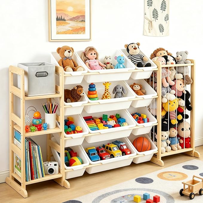 Kids Toy Storage Organizer with Bookshelf & Stuffed Animal Storage,12 Toy Bins +1 Free Storage Box,Playroom Nursery Organization Plush Toy Storage