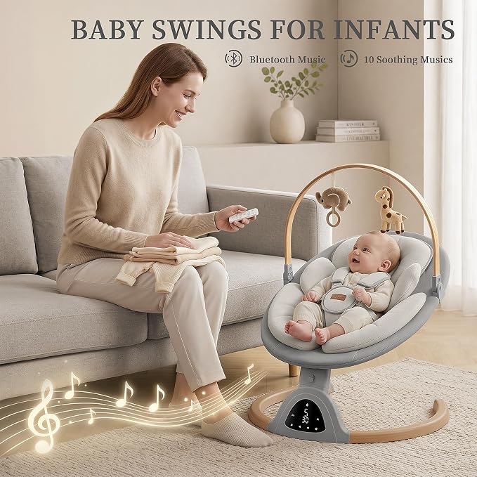 Baby Swings for Infants, TinyGlow Baby Swing, Electric Baby Swing with Remote Control, Portable Infant Swing for Indoor & Outdoor Use (Grey)