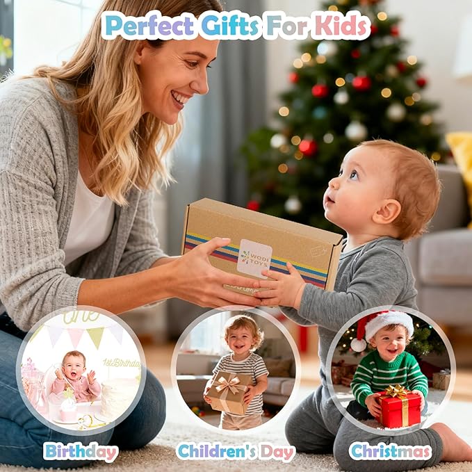 Montessori Wooden Baby Toys 7-in-1 Sensory Set for Babies 0??2 Months, Rain Sound Tube & Rattle Roller, Sensory Musical Gift for Baby Boys and Girls with Storage Bag
