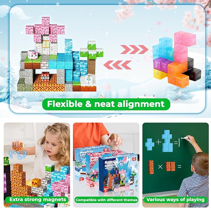Magnetic Blocks - 150PCS Magnetic Building Block Cubes Dark Forest Glacier Castle, Magnet Toy Building Sets for Kids Age 3+, STEM Stacking Construction Toys Easter Gift for Boys Girls Age 4-8, 8-12